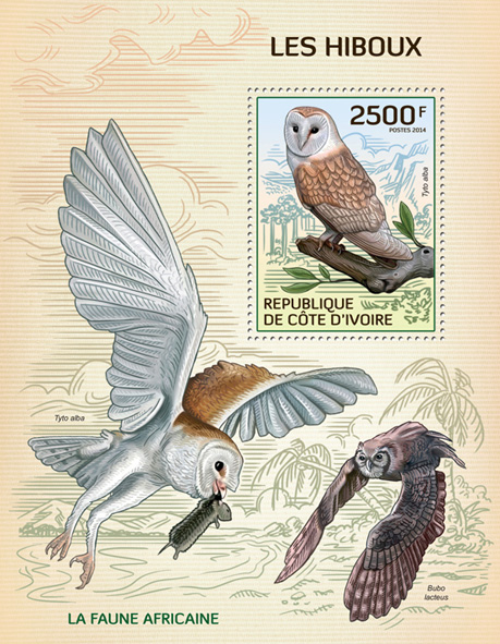 Owls - Issue of Ivory Coast postage stamps