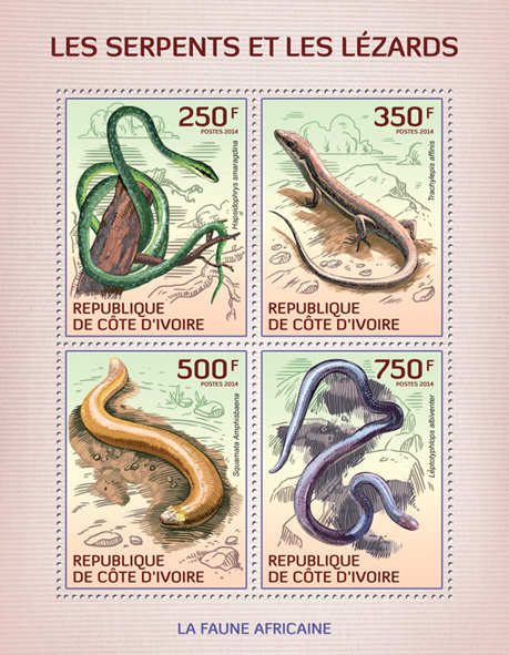 Snakes and lizards - Issue of Ivory Coast postage stamps